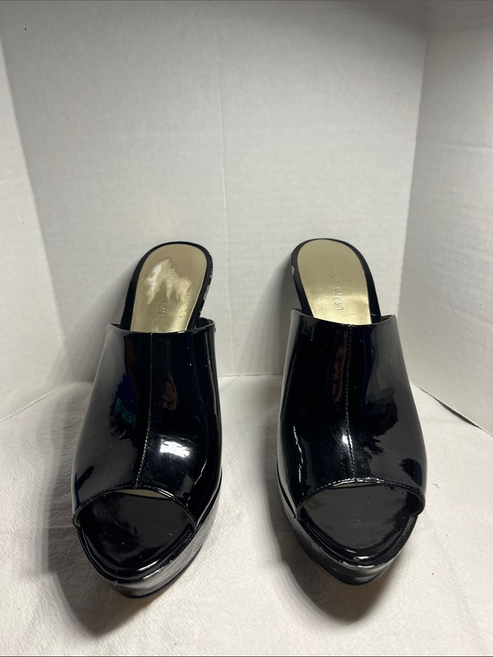 Nine West Black Patent Peep-Toe Mule Heels